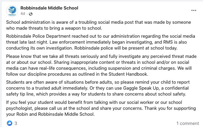 robbinsdale school threats