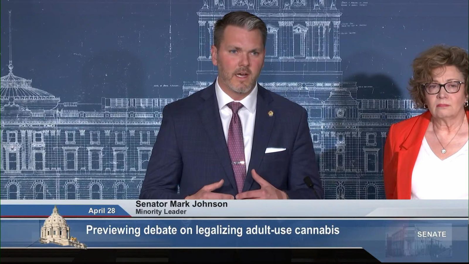 Minnesota Sen. Mark Johnson speaks at an April 28 press conference addressing Republican opposition to the recreational marijuana bill.