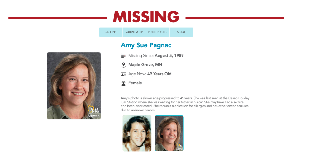 screenshot of web page with information on mission person amy sue pagnac
