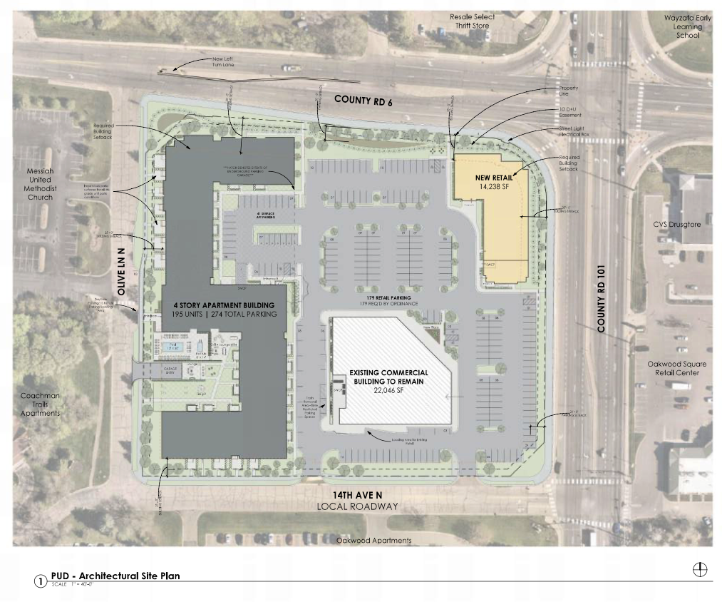 plymouth plaza architectural plan, including a 4-story building, new retail space and existing commercial building