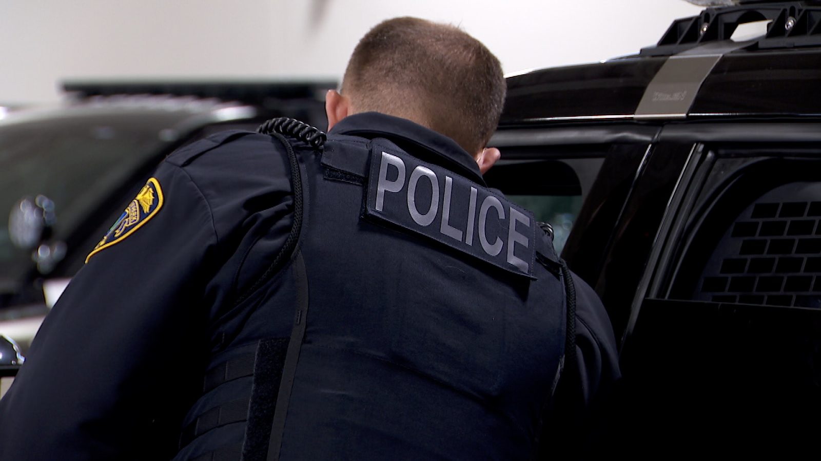 police officer leaning into car