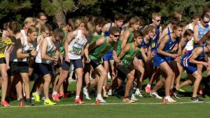 Start of the boys varsity race at the Northwest Suburban Conference championships on October 8, 2025