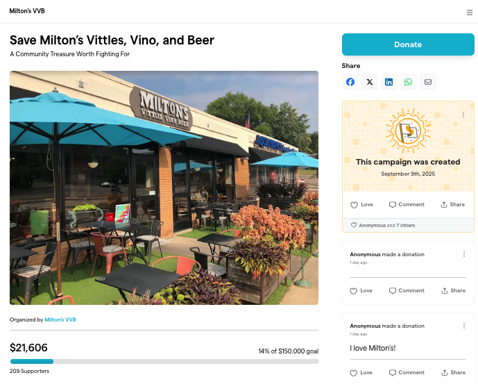 Milton's in Crystal fundraising website page