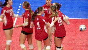 Benilde-St. Margaret's girls volleyball celebrates a point in the Red Knights loss to Marshall in the state Class AAA final