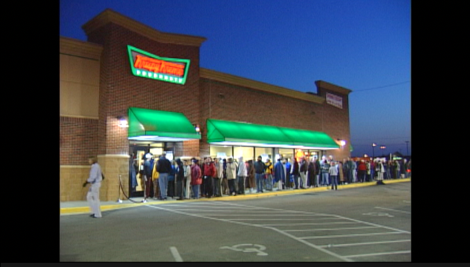 a long line outside of Krispy Kreme in 2002