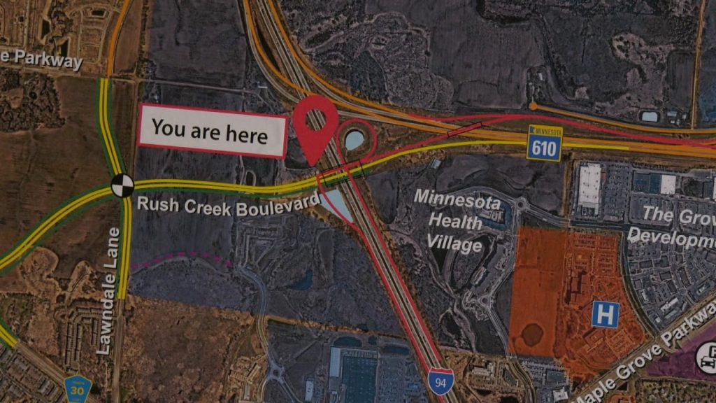 map of rush creek boulevard and 610 in maple grove, "you are here" pin
