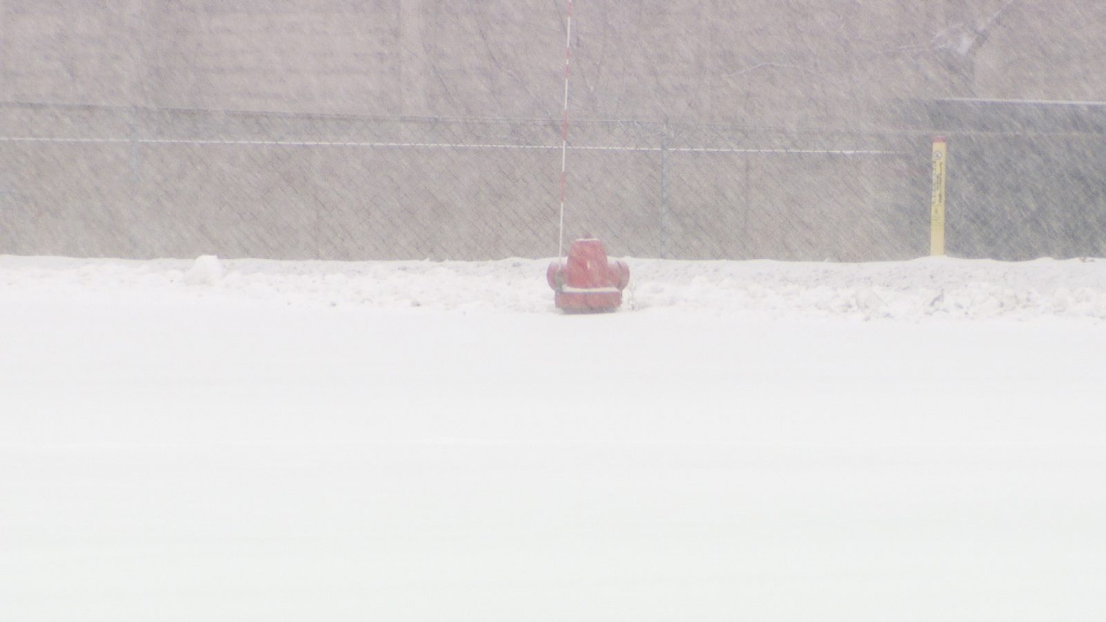 fire hydrant half-buried in the falling snow
