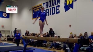 Hopkins gymnast Emma Tavernier competes on the balance beam in a meet versus Wayzata on January 21, 2026