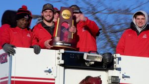Wisconsin-River Falls football players celebrate their recent national championship at a parade in River Falls on January 28, 2026