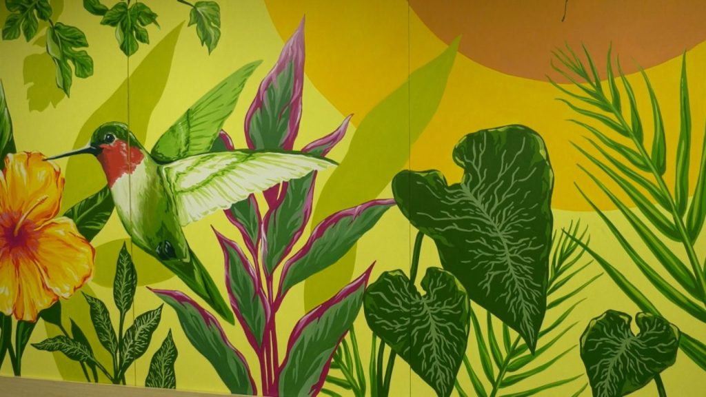 hummingbird  and leaves wall painting