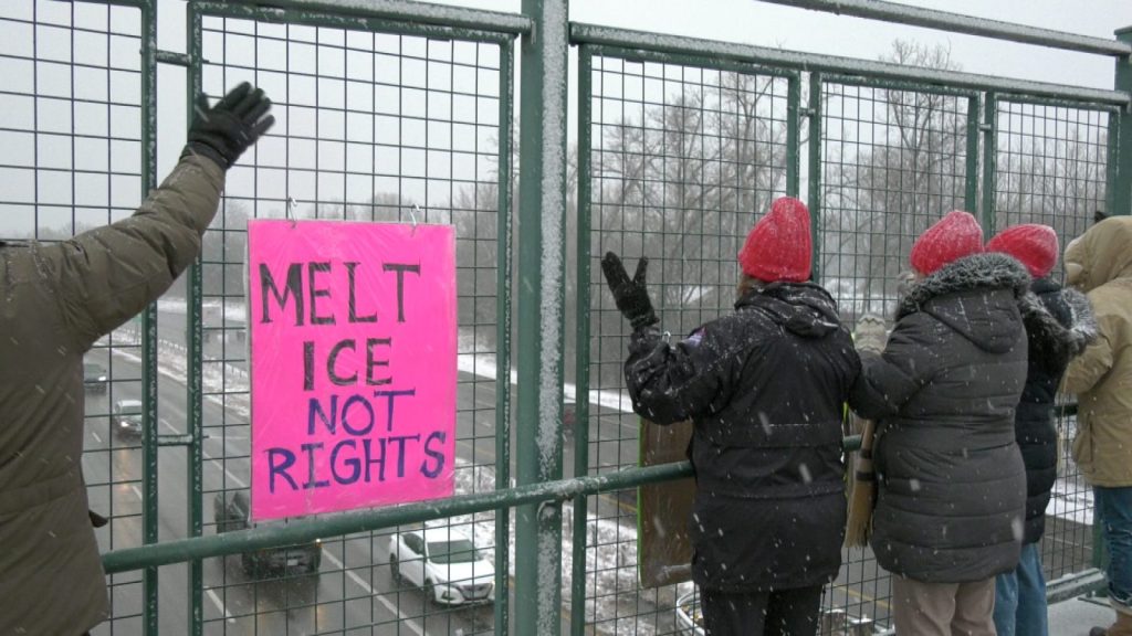 protestors face away from the camera on a bridge, with a sign "melt ice not rights"