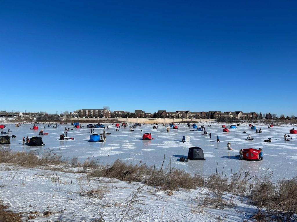 ice houses on North Arbor Lake in Maple Grove during the inaugural Mayor's Ice Fishing Tournament.