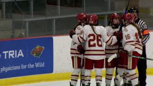 Maple Grove Girls Hockey celebrates a goal versus Rogers on February 7, 2026