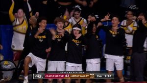 Apple Valley boys basketball celebrates a basket versus Maple Grove at the state tournament.