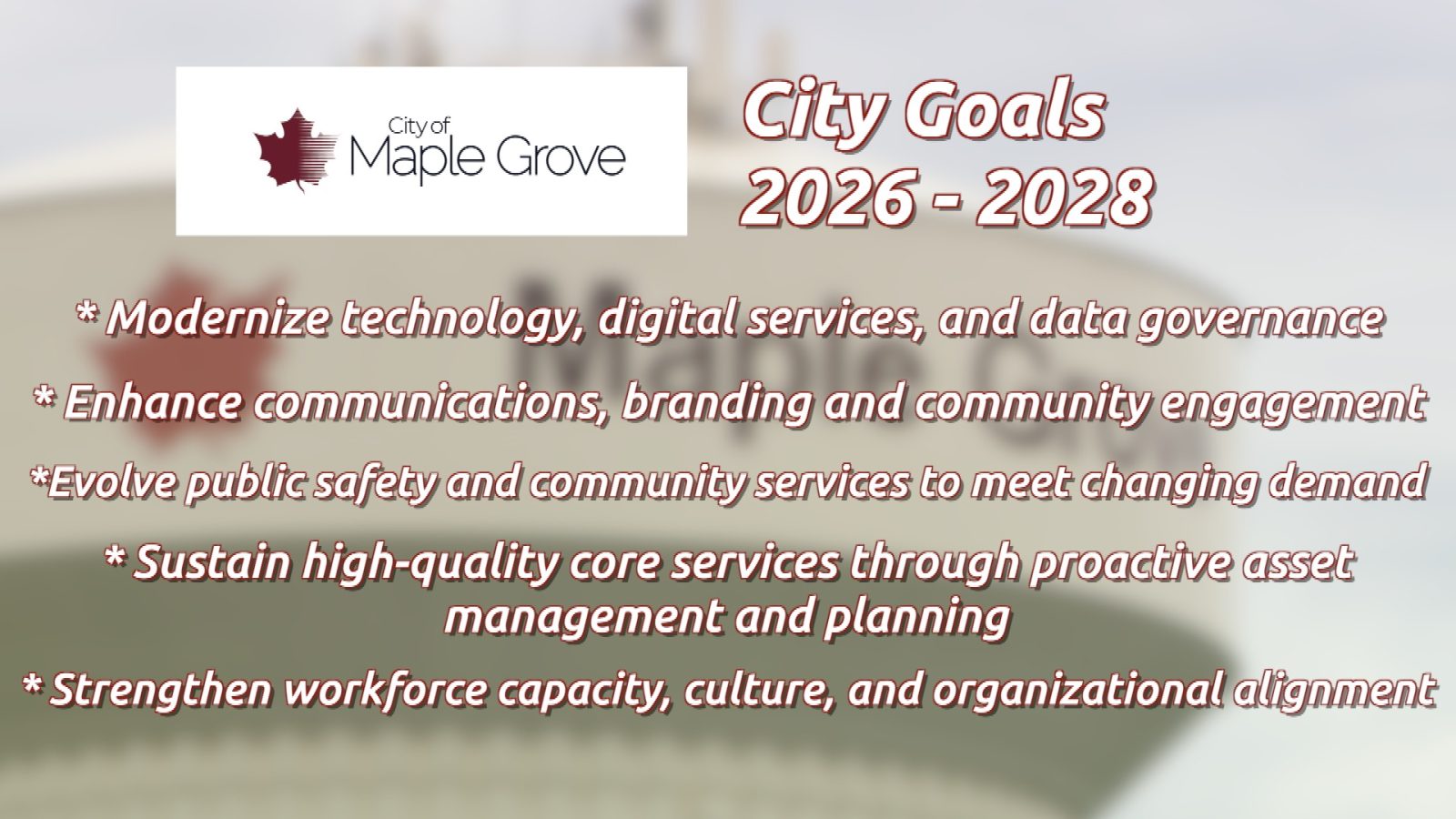Graphic listing the City of Maple Grove's strategic goals for 2026-2028: Modernize technology, digital services, and data governance, enhance communications, branding and community engagement, evolve public safety and community services to meet changing demand, sustain high-quality core services through proactive asset management and planning, and Strengthen workforce capacity, culture, and organizational alignment

