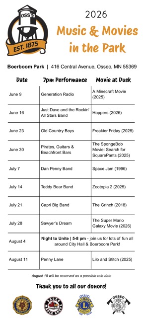 a card listing the musical acts and feature-length movies playing at Boerboom Park this summer on Tuesday nights in Osseo.