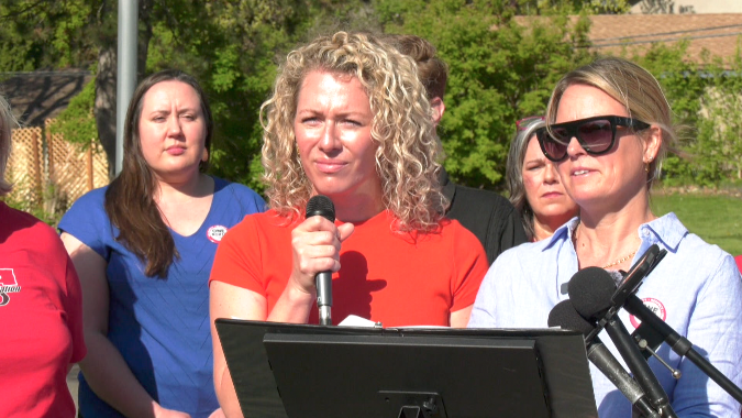 nurse from maple grove hospital speaks at a press conference about the vote to strike
