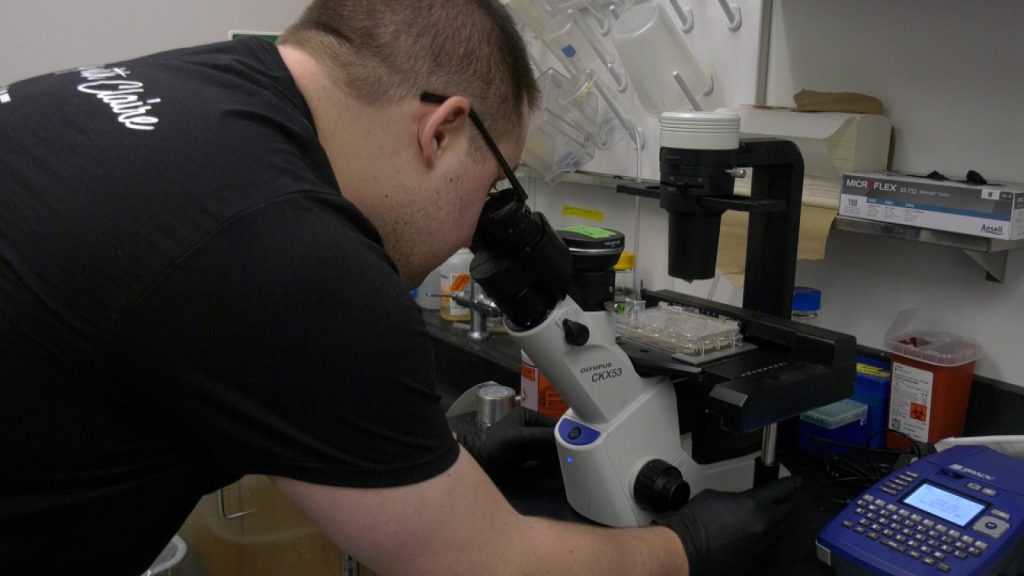 man with glasses looking into a microscope