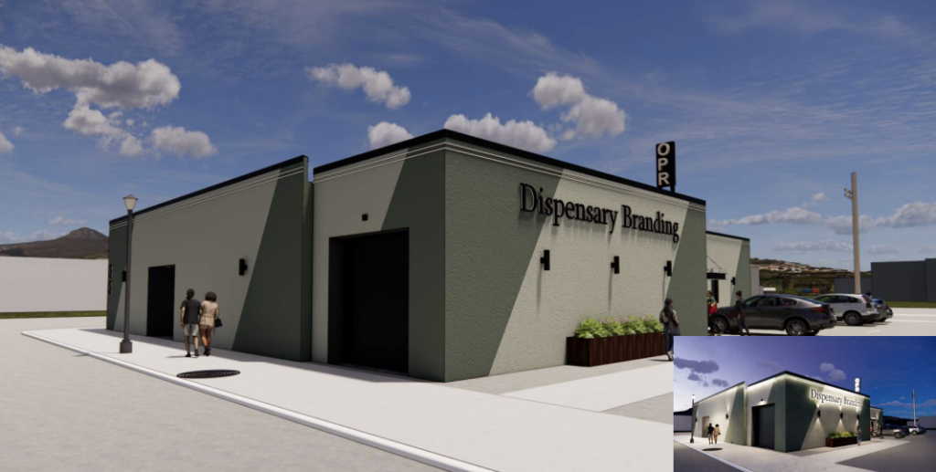 rendering of a green stucco building with "dispensary branding" written on the side