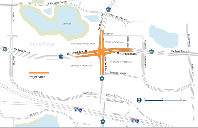 map of hemlock lane and elm creek boulevard construction project